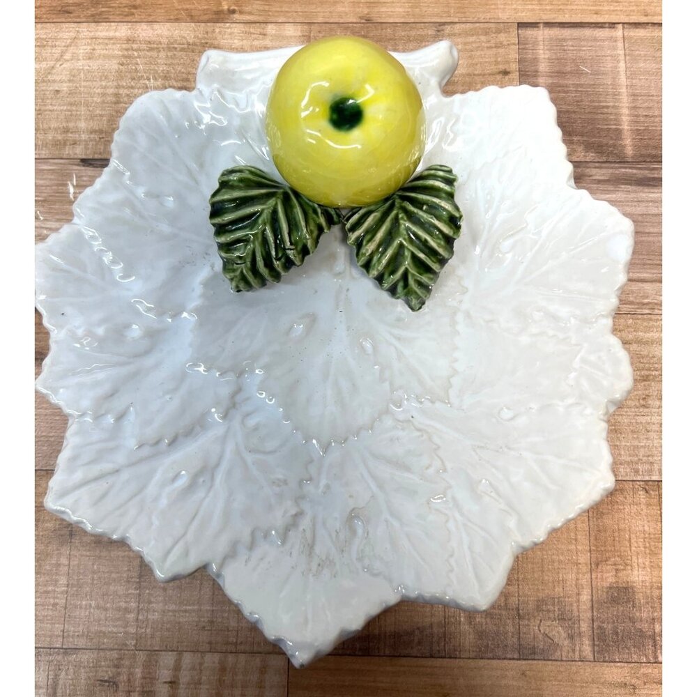 DECORATIVE WHITE LEAVES, RAISED YELLOW APPLE & GREEN LEAVES PLATE PORTUGAL